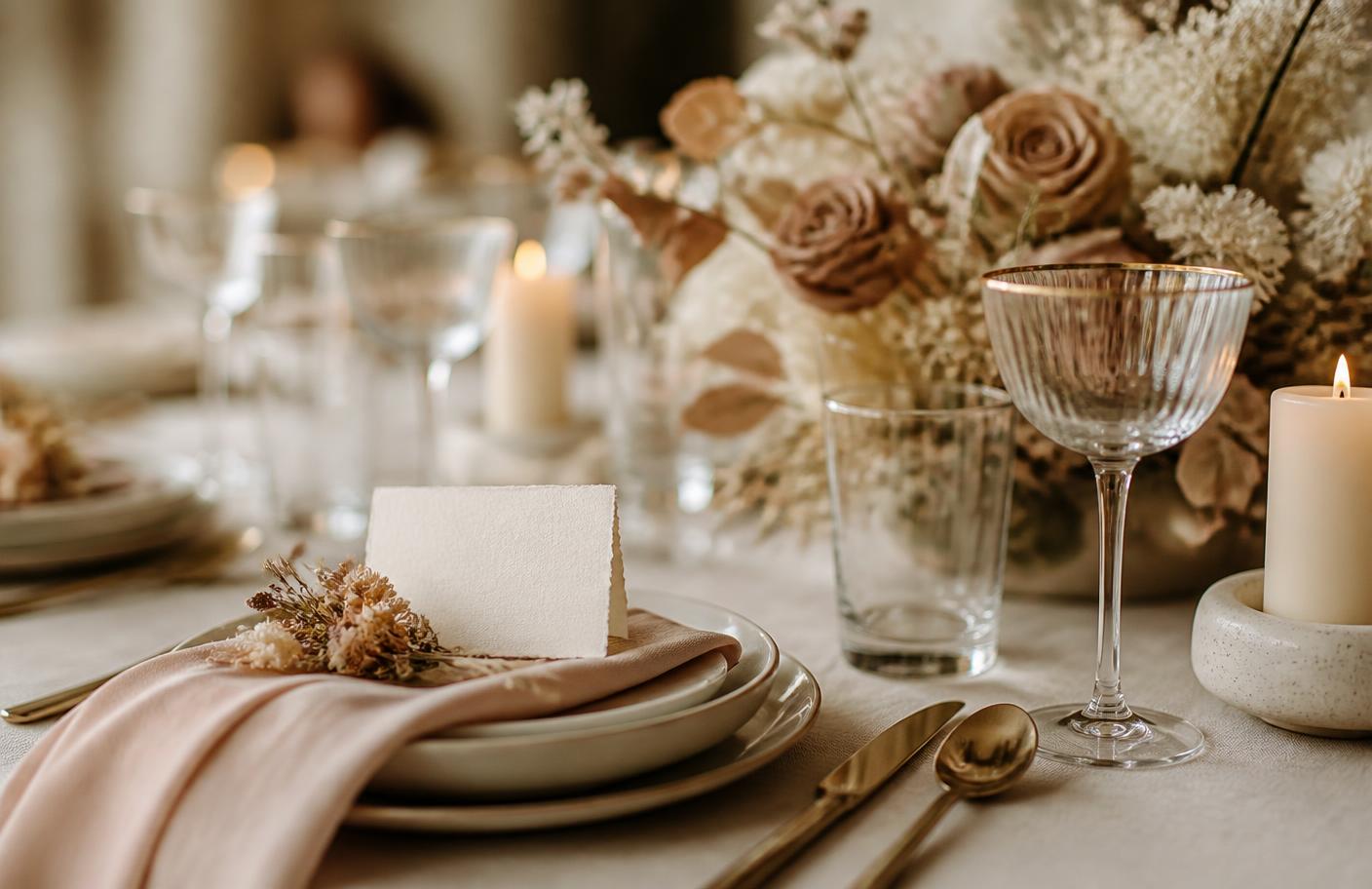 Cream table setting with blush napkin, dried botanicals and a handwritten place card